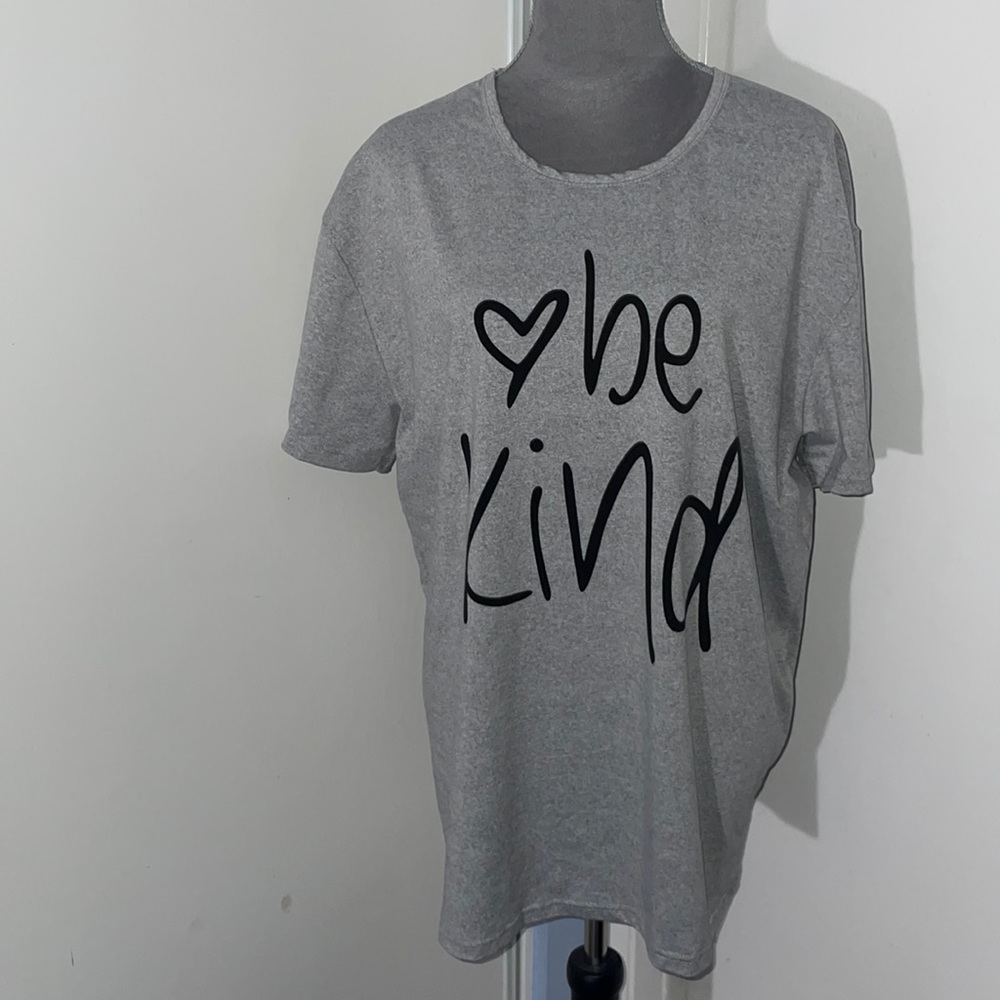Heather Gray T-Shirt with “Be Kind” Printed in Black on Front.